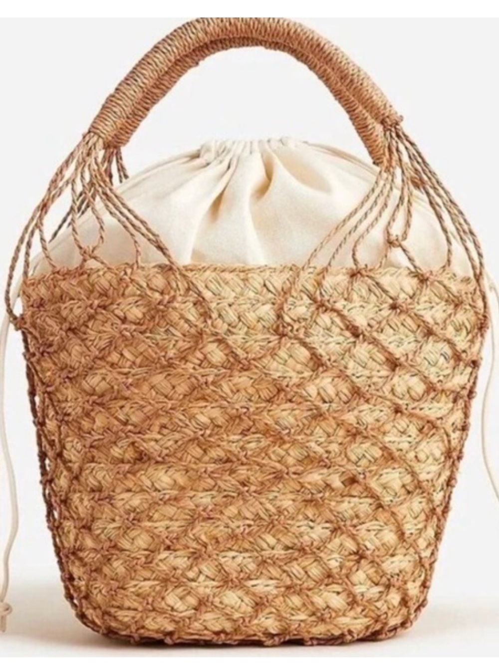 J. Crew Tan Woven Jute Mesh Tote with Cream Drawstring Liner